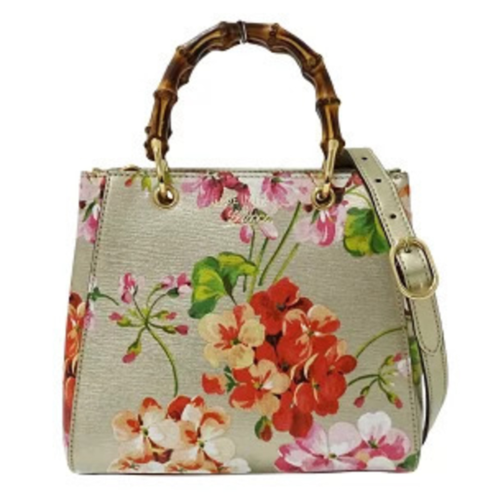 Gucci Bag Handbag Shoulder Bamboo Blooms Shopper Leather Gold Floral Flower